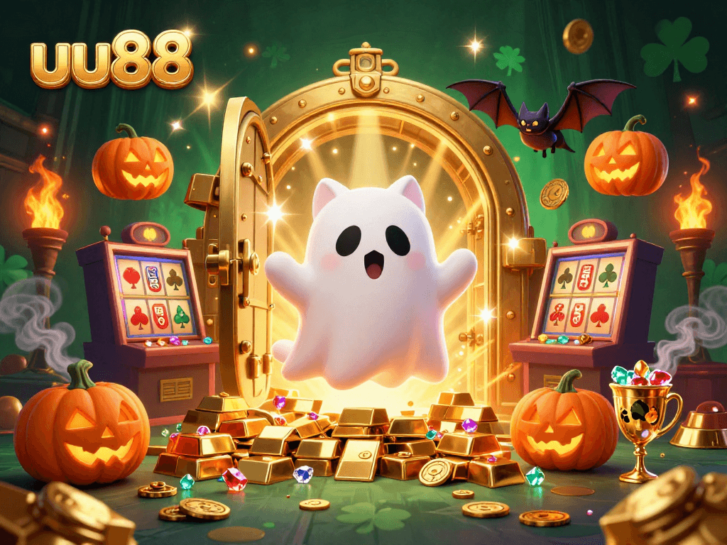 Experience the thrilling ambiance of uu88 with a friendly ghost cat and enchanting casino elements.