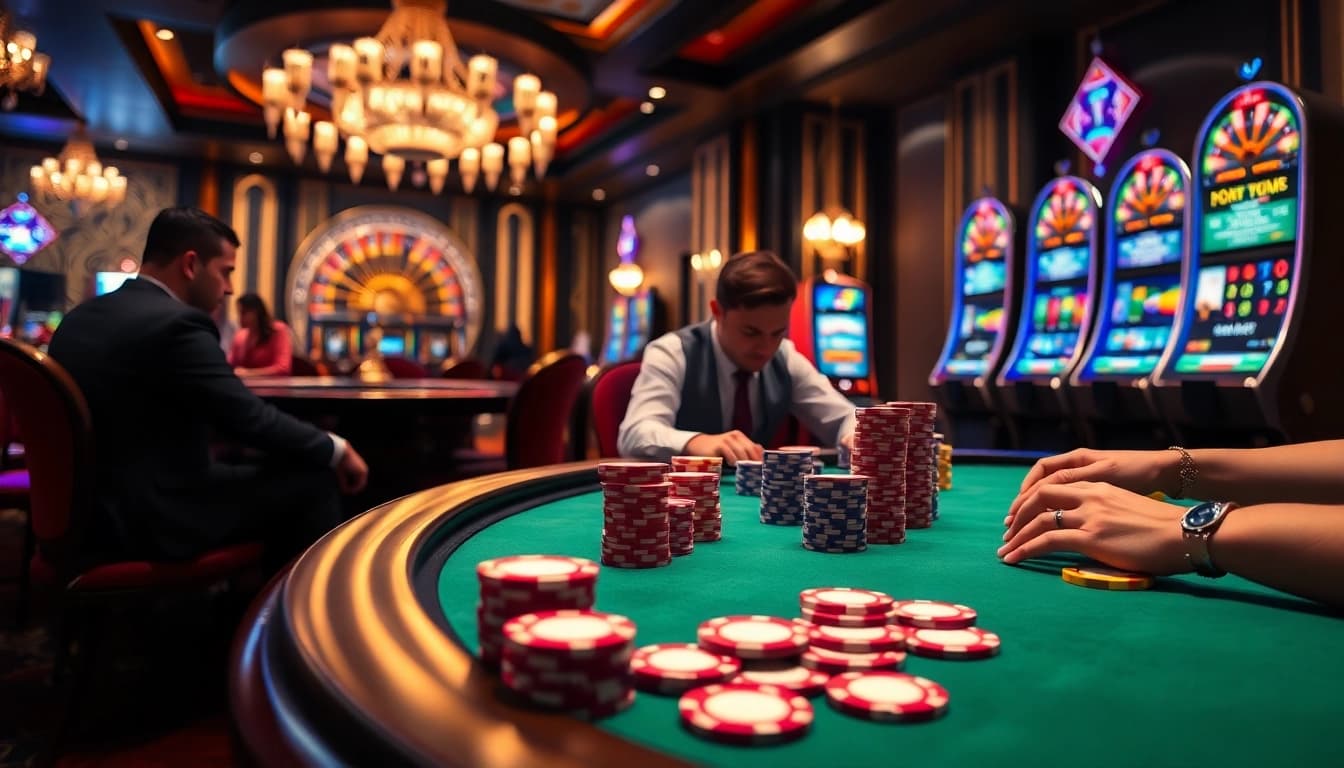 Experience the thrill of u8888 gaming at a luxurious casino, with vibrant poker tables.