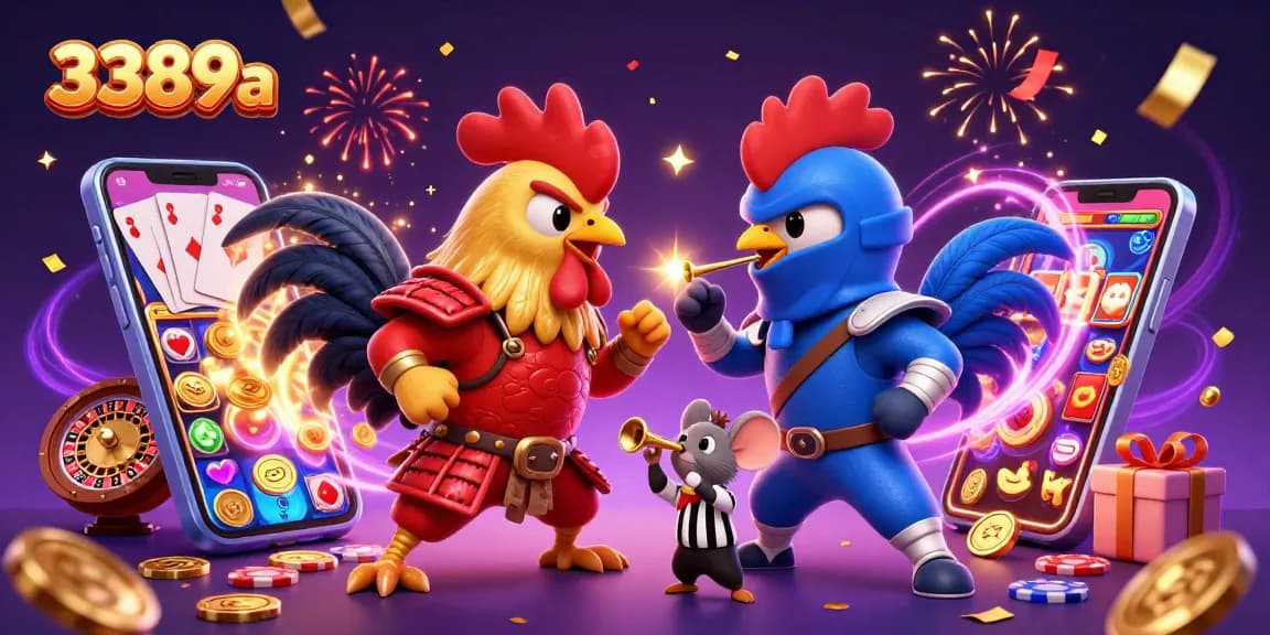 Experience the thrilling showdown of roosters at 3389a with vibrant casino elements and dynamic action.