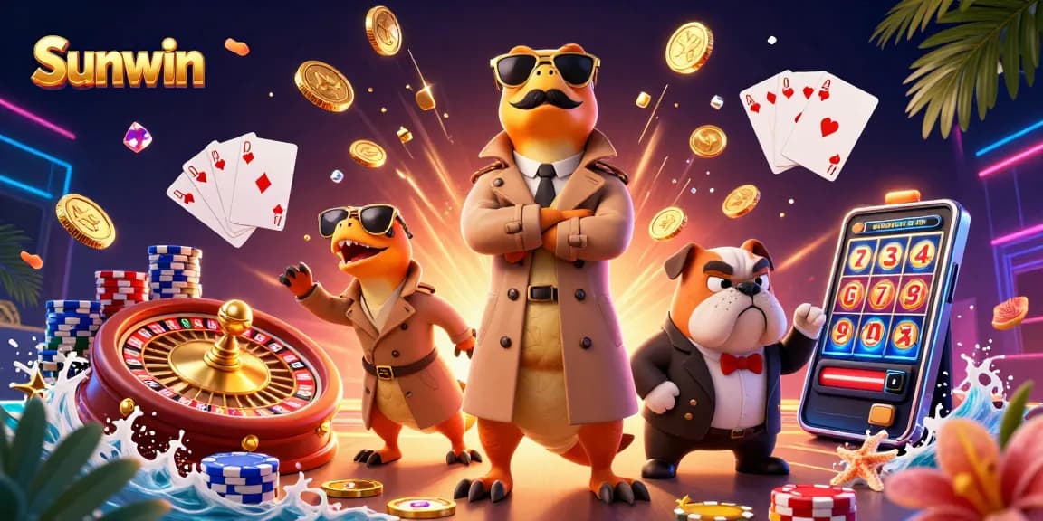 Experience thrilling casino action with Sunwin's raptors in trench coat, surrounded by vibrant game icons.