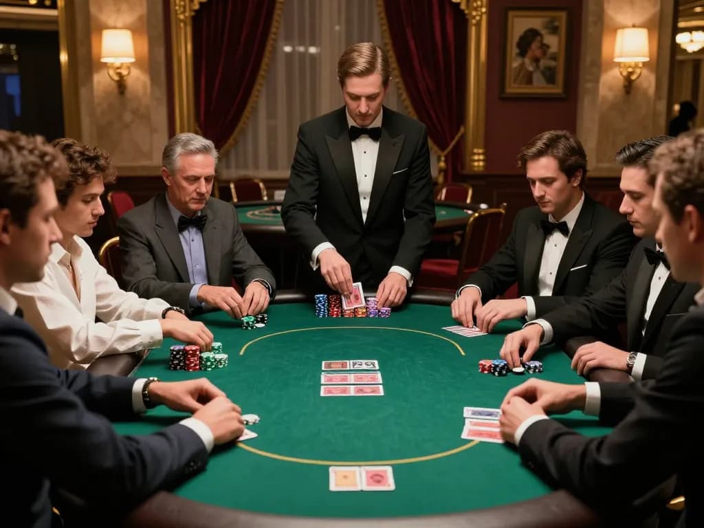 Engaged players at a luxury poker table playing high-stakes with chips, showcasing 79 KING gameplay excitement.