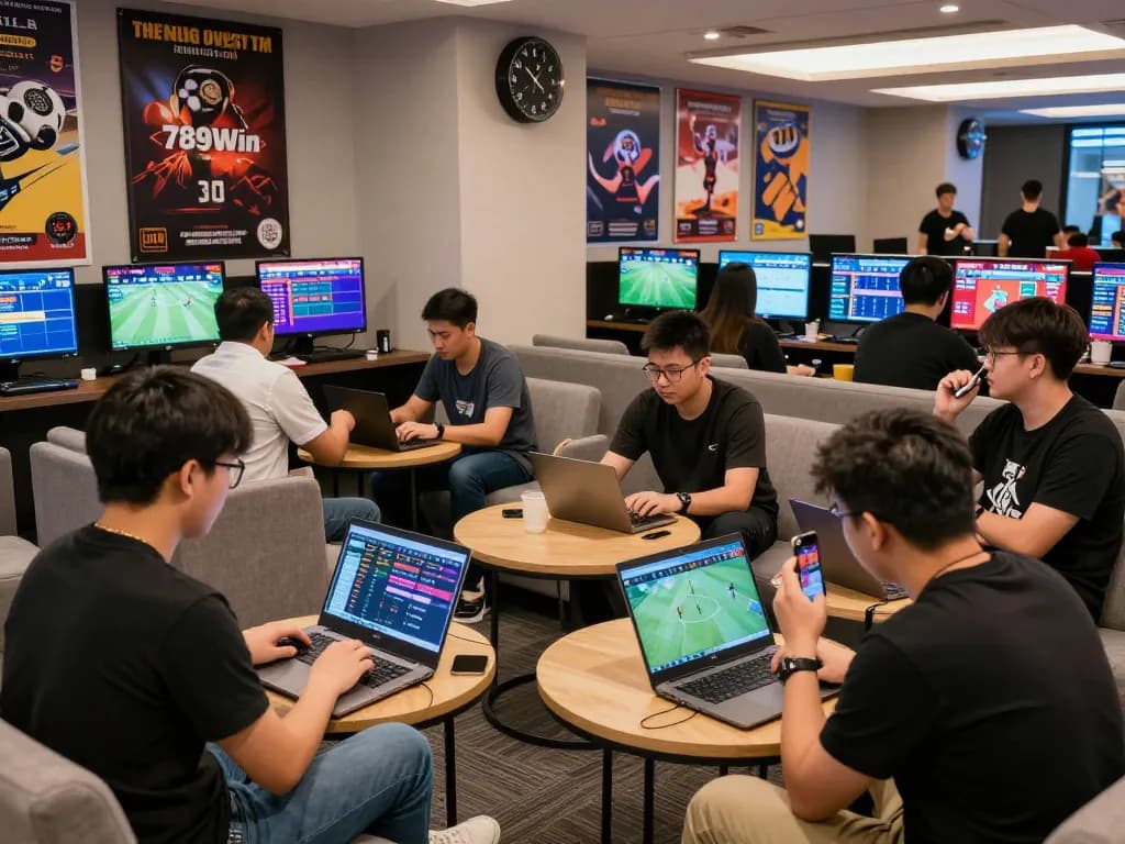 Engaged players in a lively betting environment at 789Win com with sports screens and interactive discussions.