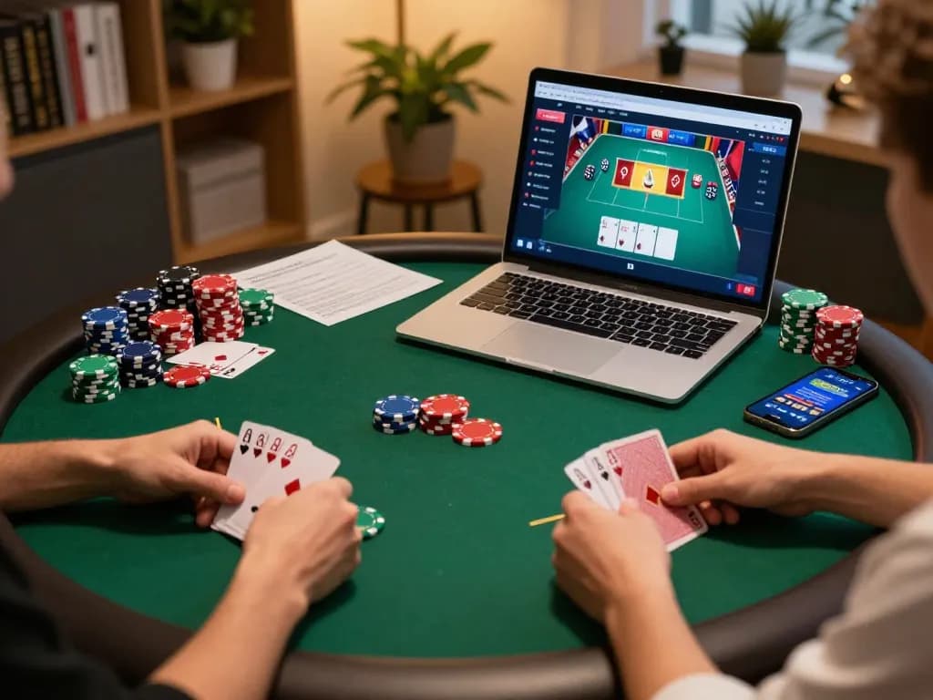 Player engaging with sc88 online poker game on laptop, showcasing strategic gameplay and vibrant atmosphere.