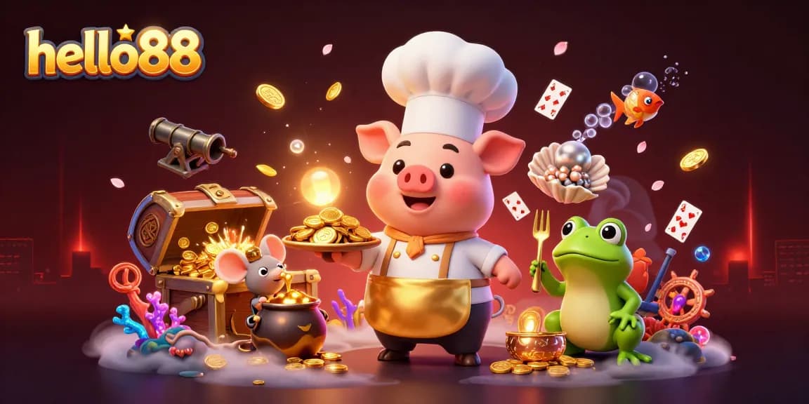 Experience thrilling gaming with hello88 featuring chefs and golden treasures in a vibrant casino atmosphere.