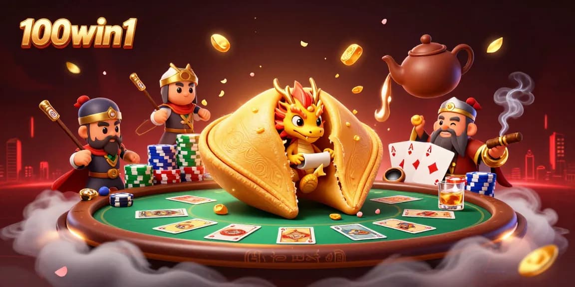 Engage in thrilling gameplay at 100win1 with golden fortune cookie characters and vibrant poker elements.
