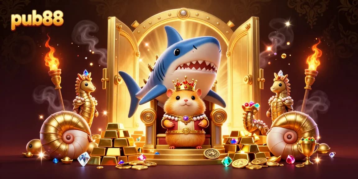 Engage in thrilling experiences at pub88, showcasing a vibrant casino world with treasures and royal characters.