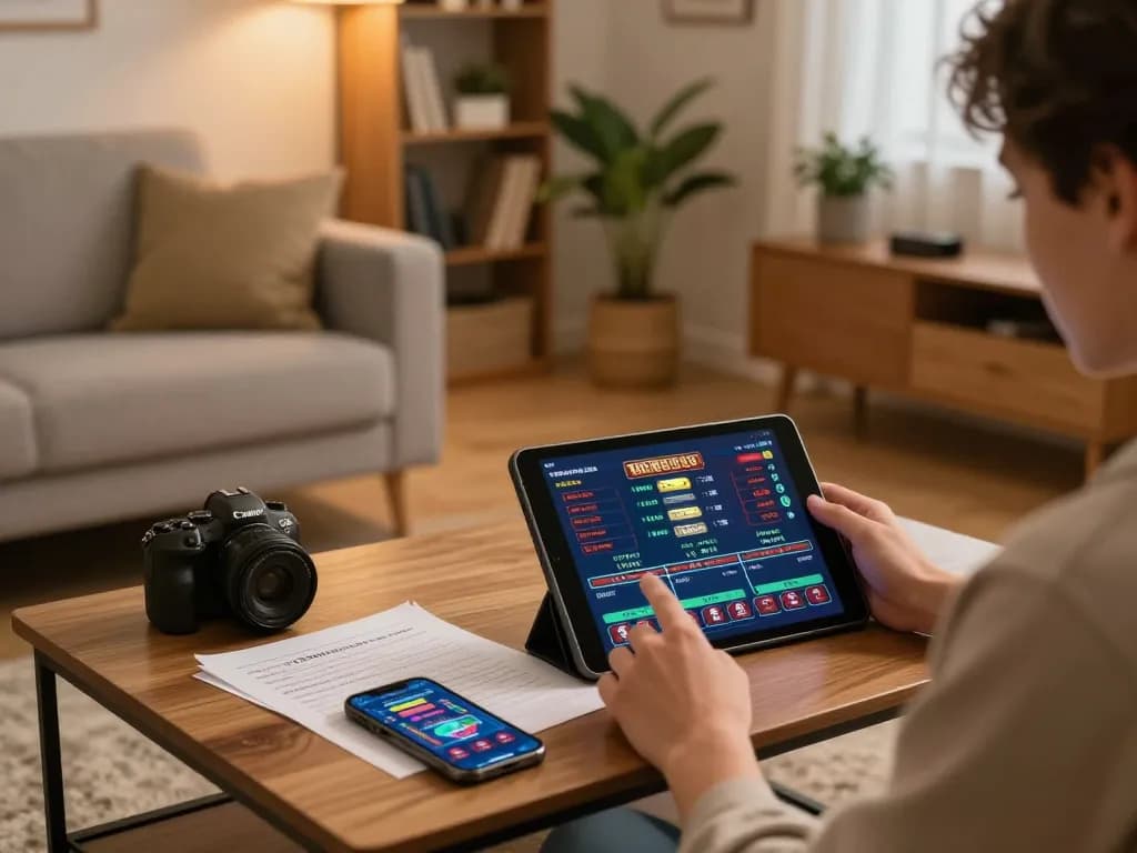 Engaging online gaming scene showcasing khuyến mãi fun79 benefits on a tablet with strategic betting notes