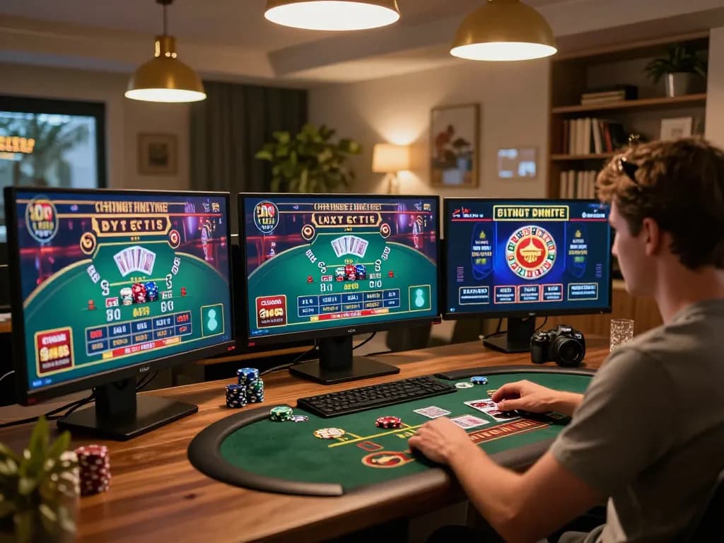 Player engaging in online gambling at tr88, showcasing poker and casino games on multiple screens in a stylish home setup.