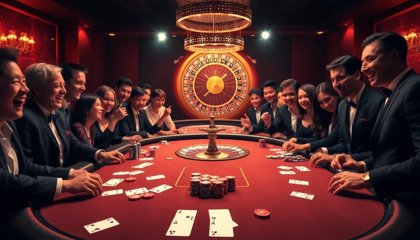 Players engage passionately at a TG88 poker table in a luxurious casino setting.