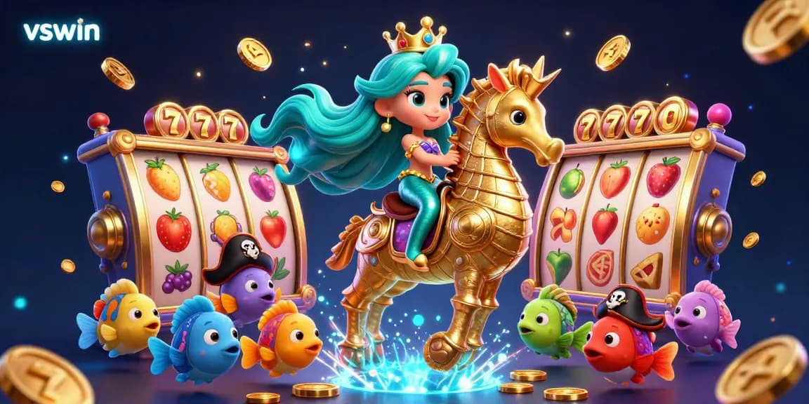 Experience thrilling moments at vswin with a 3D mermaid and giant seahorse amidst vibrant slot machine elements.