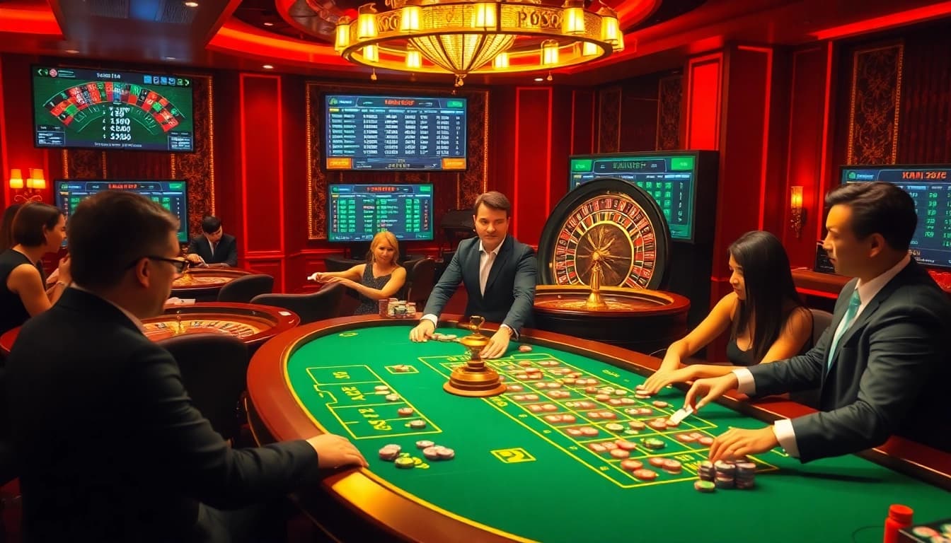 Players enjoying spirited games at km1888b casino tables, with colorful chips and cards.