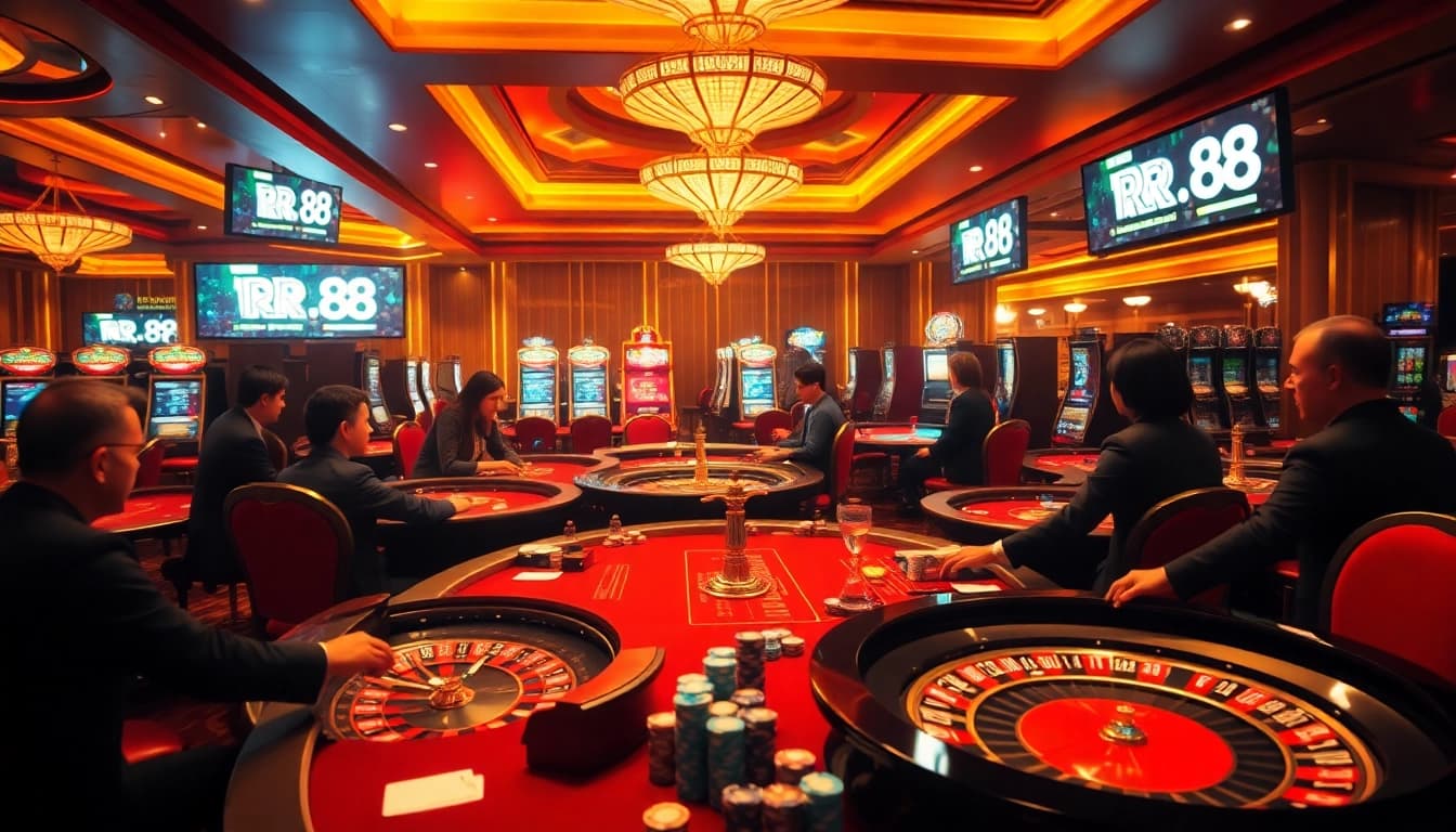 Exciting high-stakes gaming scene at RR 88 casino featuring poker, roulette, and vibrant atmosphere.