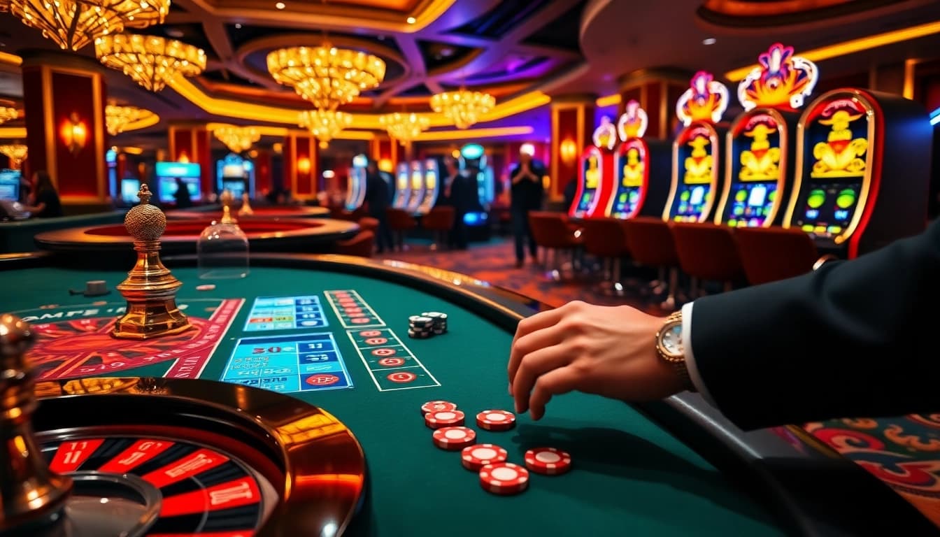SODO casino scene with luxurious tables, exciting games, and enthusiastic players engaging in gambling.