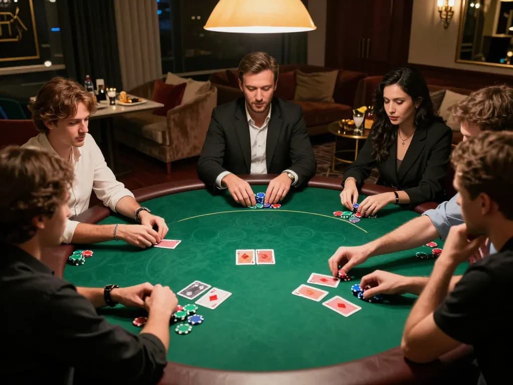 Players engaging in strategic gameplay at an exclusive poker table, showcasing xo888 poker action.