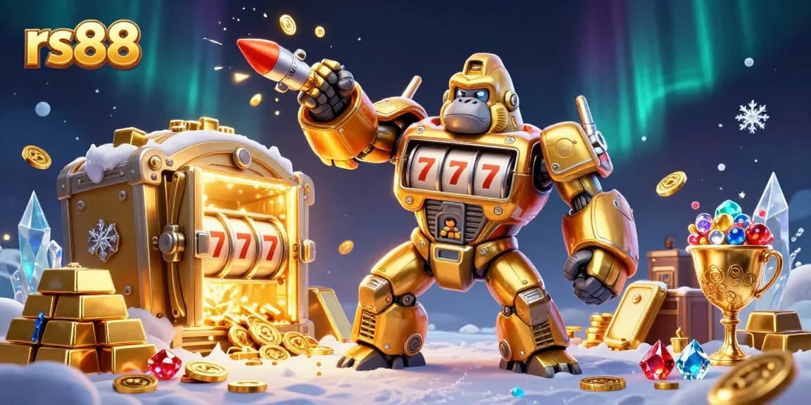 Experience excitement with rs88's golden gorilla mech slot machine bursting with coins and jewels.