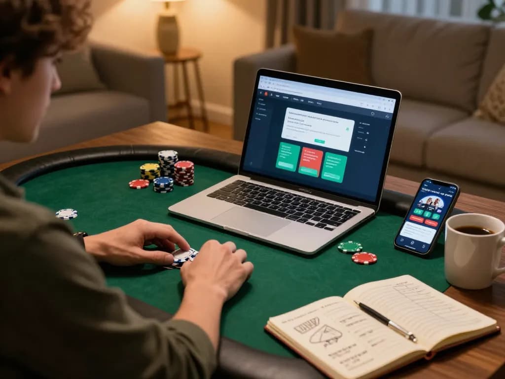 Engaging online poker session at home with https://gnk88.com/ displayed on a laptop, showcasing a cozy environment