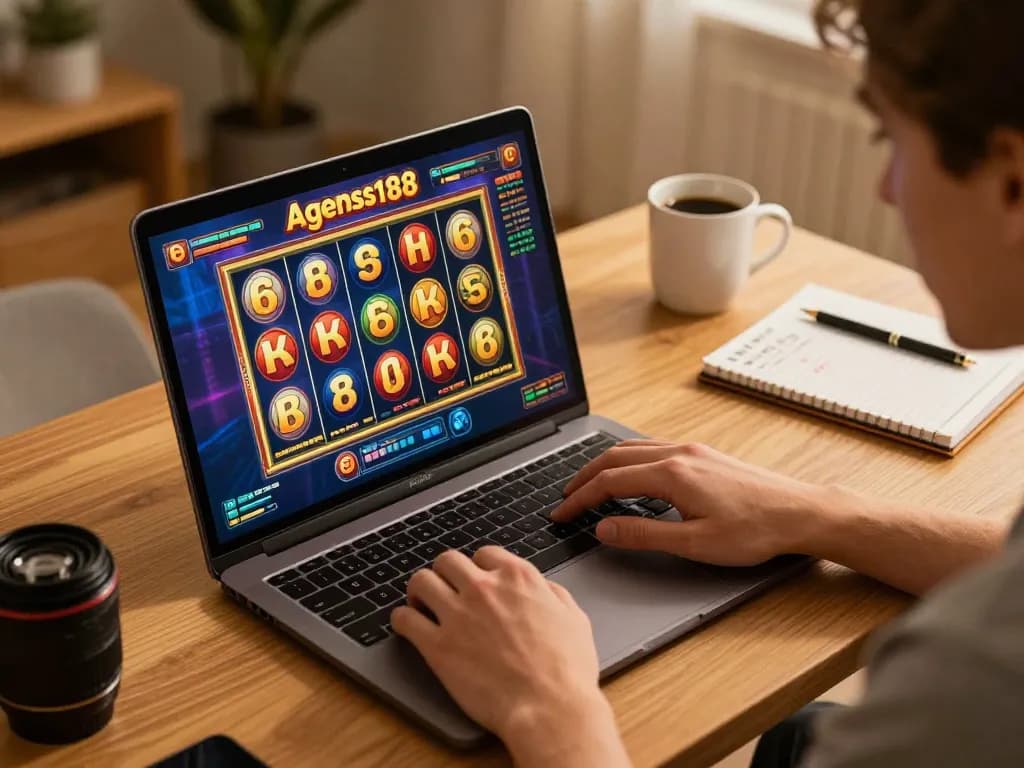 Play the agenslot188 slots on a laptop in a cozy home setting.