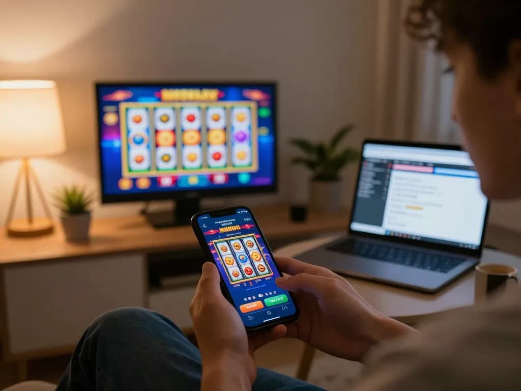 Kaya88 Malaysia mobile app gameplay showcasing a player engaging with exciting slot graphics in a cozy home setup