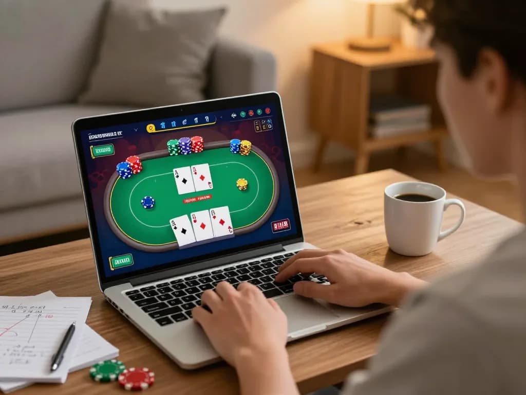 Person engaged in online gambling at https://www.mnm88.com/ playing poker on a laptop in a cozy living room setting.