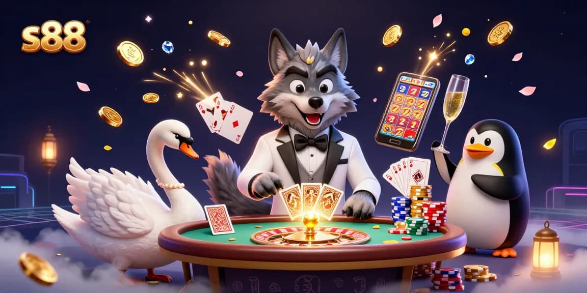 s88 players enjoying a baccarat game with a debonair wolf and elegant companions in a vibrant casino scene.