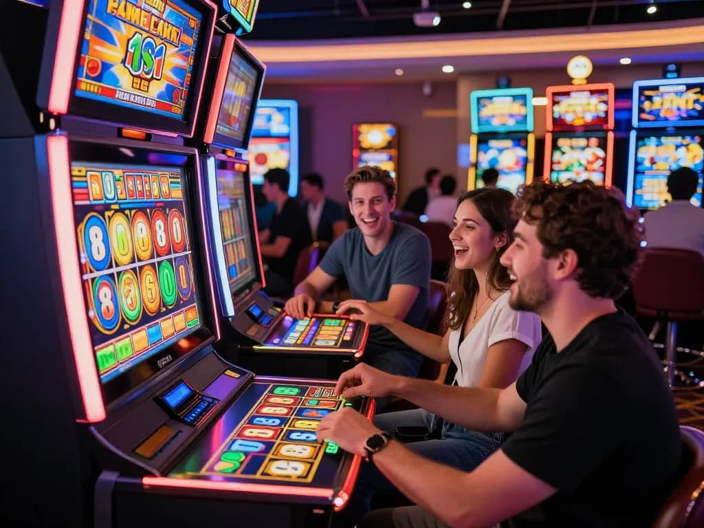 Players enjoying the Lucky 88 slot machine in a lively casino, celebrating a win.