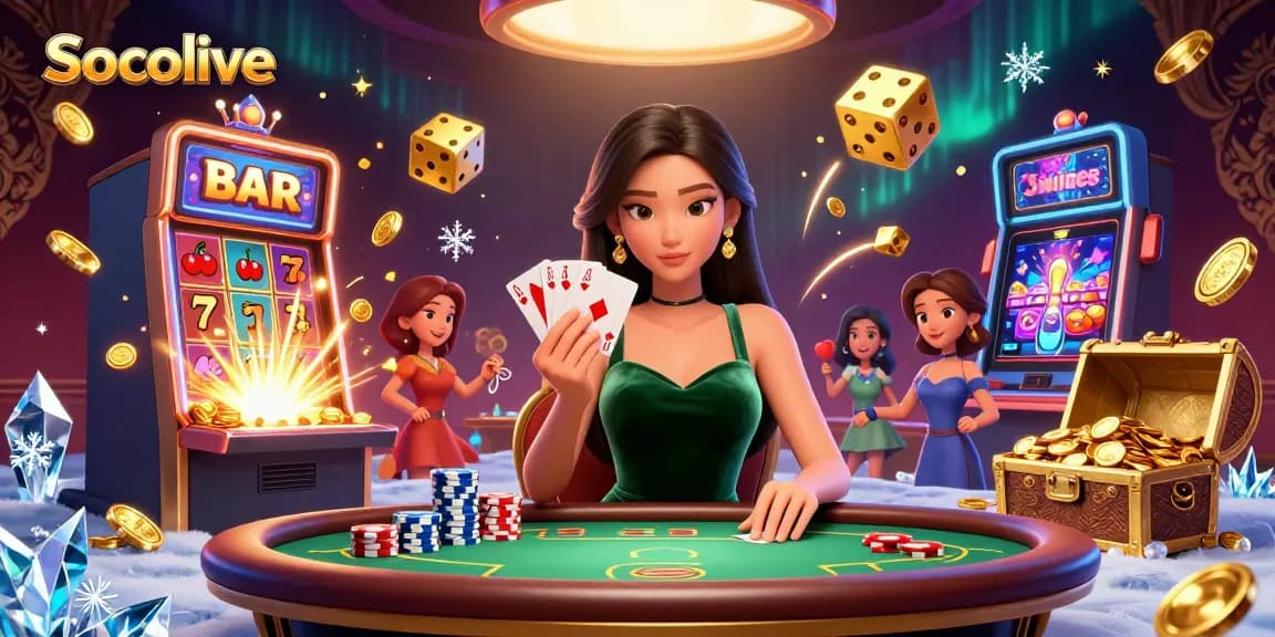 Socolive showcases a stunning Asian woman at a poker table, surrounded by dynamic casino elements highlighting excitement.
