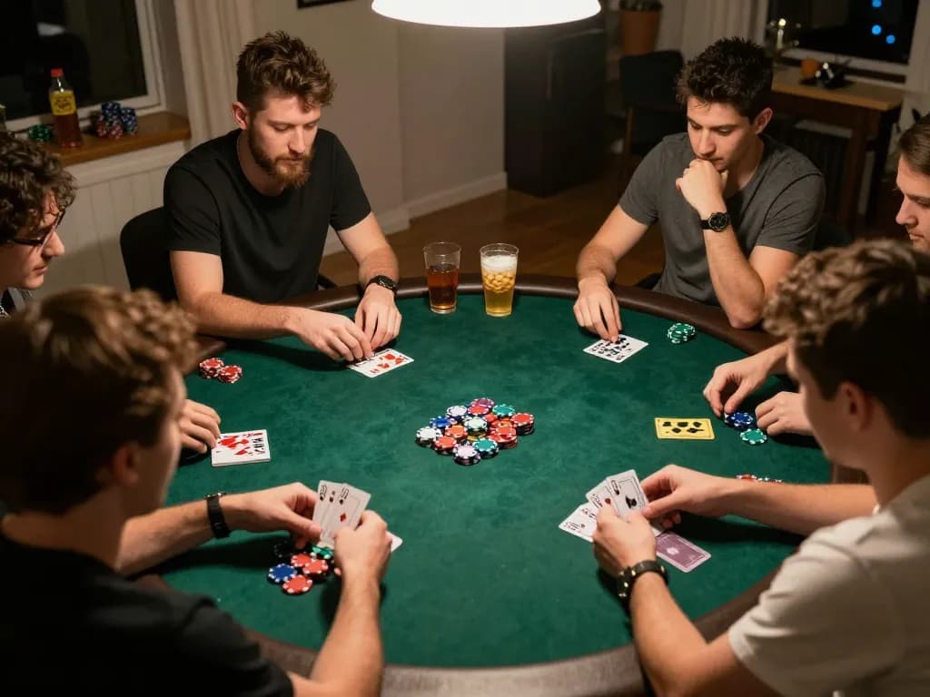 Friends enjoy a thrilling home poker game on vipwin777, winning hands and camaraderie all around.