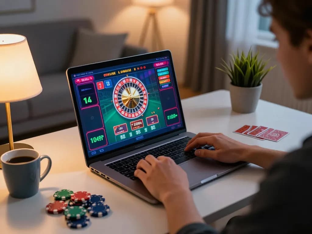 Player engaging in online gaming session on a laptop showcasing sc88bn roulette, highlighting responsible gambling.