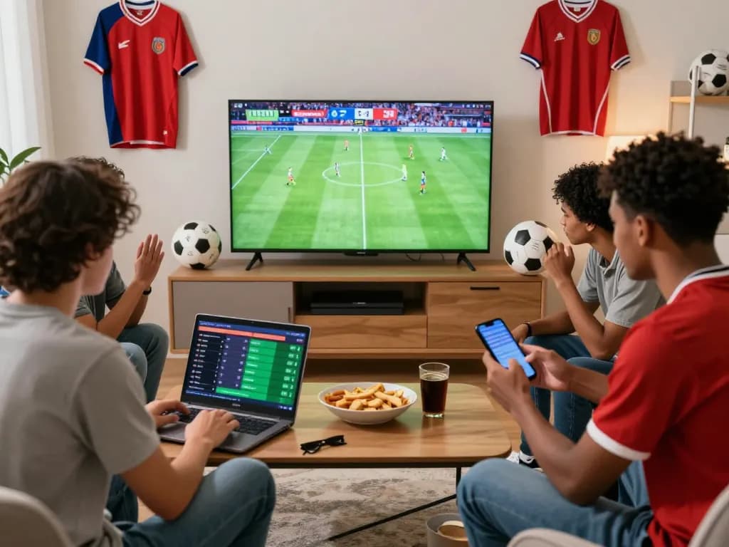 Cá độ bóng đá scene with enthusiastic friends enjoying online betting on a live football match in a vibrant living room.