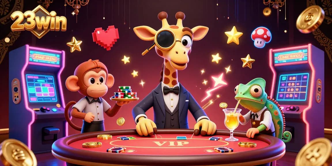 Engage with 23win in a vibrant casino scene filled with animated characters and gaming excitement.