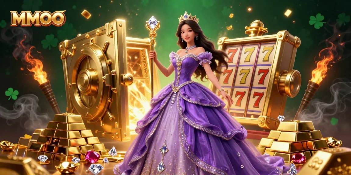 Spin with MMOO: A captivating 3D casino scene showcasing a beautiful Asian woman amidst sparkling gold elements.
