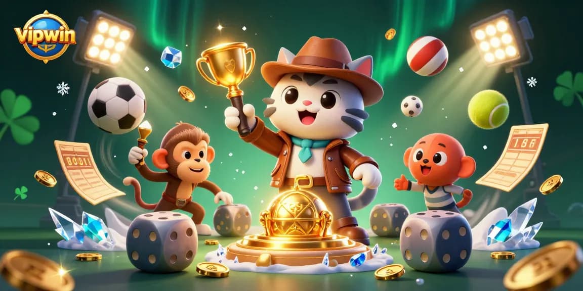 Engage with vipwin's thrilling gaming experience as an explorer cat uncovers treasures amidst sports chaos.
