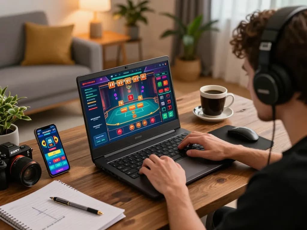 Player engaging in online casino gaming on https://123bz.uk.net/ with laptop and smartphone, showcasing strategic gameplay.