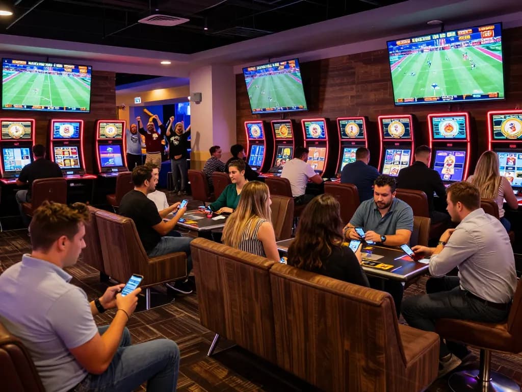 Engaged bettors analyzing bets at keobongda sports betting lounge, showcasing excitement and strategy.