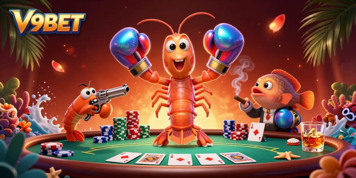 Engage in thrilling gameplay with V9BET's vibrant poker scene featuring unique shrimp characters.