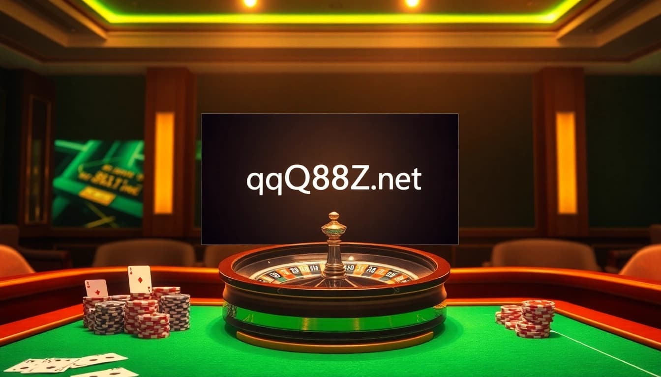 Experience thrilling casino action at https://qq88z.net/ with poker chips, cards, and a vibrant roulette wheel.