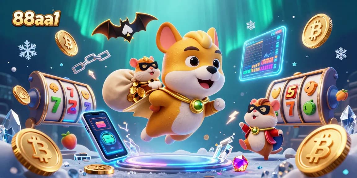 Engage with 88aa1's vibrant casino adventure, featuring a superhero dog and hamster amidst dynamic slot elements.
