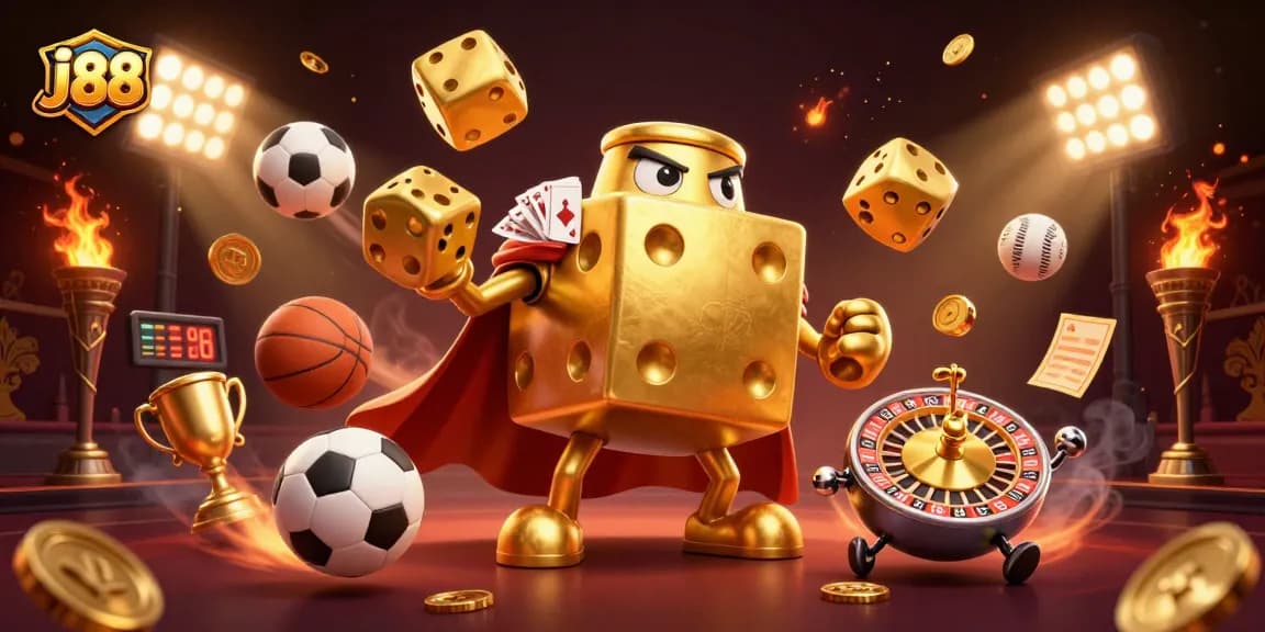 Engage j88 gaming with golden dice golem juggling and vibrant sports elements.