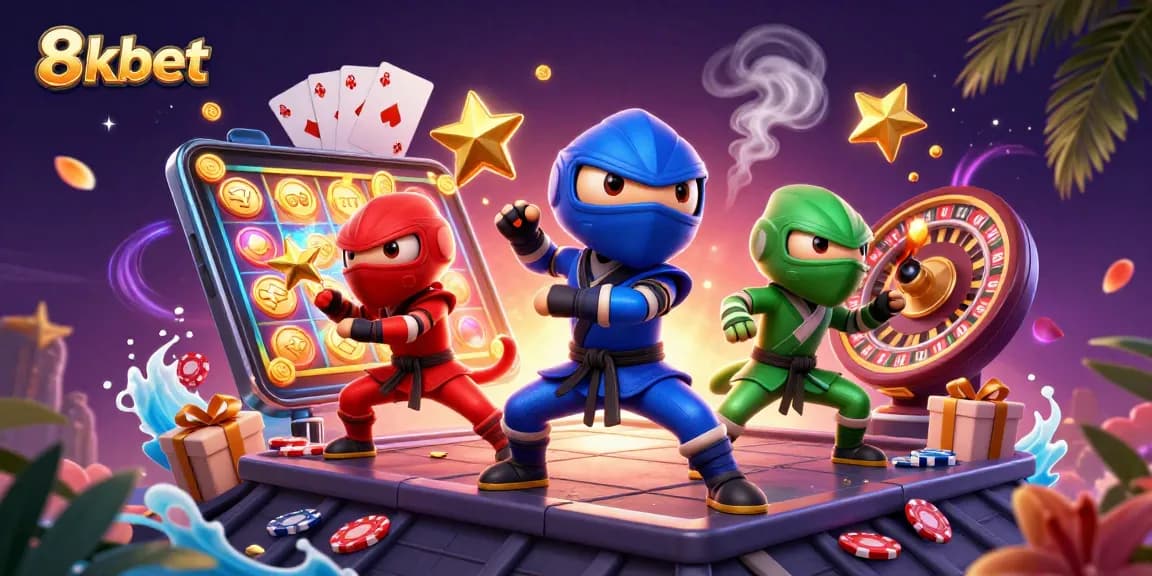 Experience thrilling 8xbet action with our ninja chameleon team amidst dynamic casino elements.