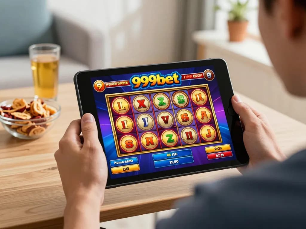 Player enjoying online slots on 999bet platform from a cozy home setting with snacks.