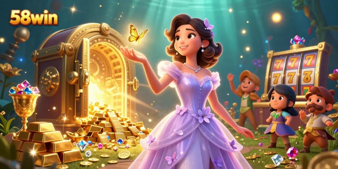 Engaging 58win illustration of a stunning Asian woman amidst slot machines, golden gems, and vibrant casino elements.