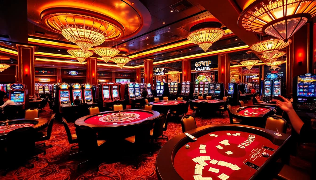 678VIP casino scene with engaging players at poker tables and vibrant roulette wheels.
