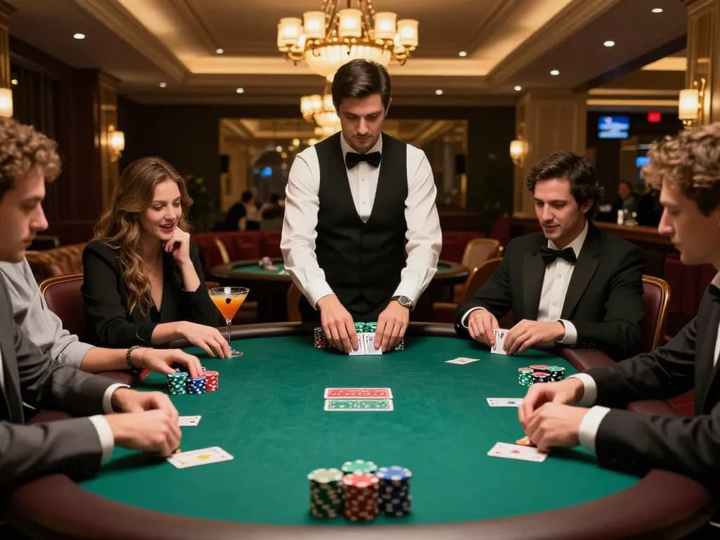 Players enjoying a strategic poker game at a luxurious casino table, showcasing debet betting action.