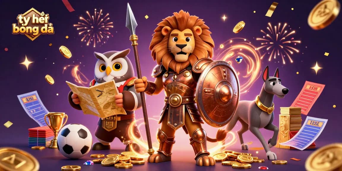 Experience tỷ lệ bóng đá with an exciting scene featuring a Spartan lion, owl strategist, and greyhound messenger amidst dynamic betting elements.