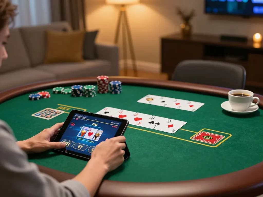 33win player strategizing in a cozy home environment while enjoying online poker.