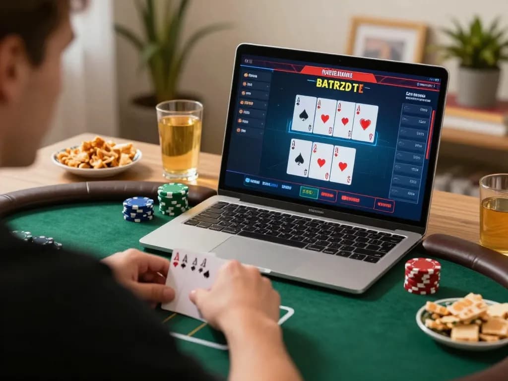 Player engaging in an online poker game at home using lucky88a platform, showcasing strategy and excitement.
