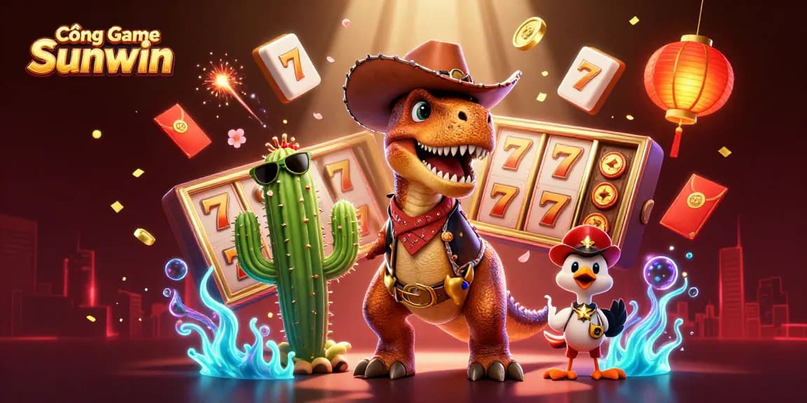 Cổng Game Sunwin showcases vibrant 3D slot game action with a cowboy dinosaur and dynamic elements.