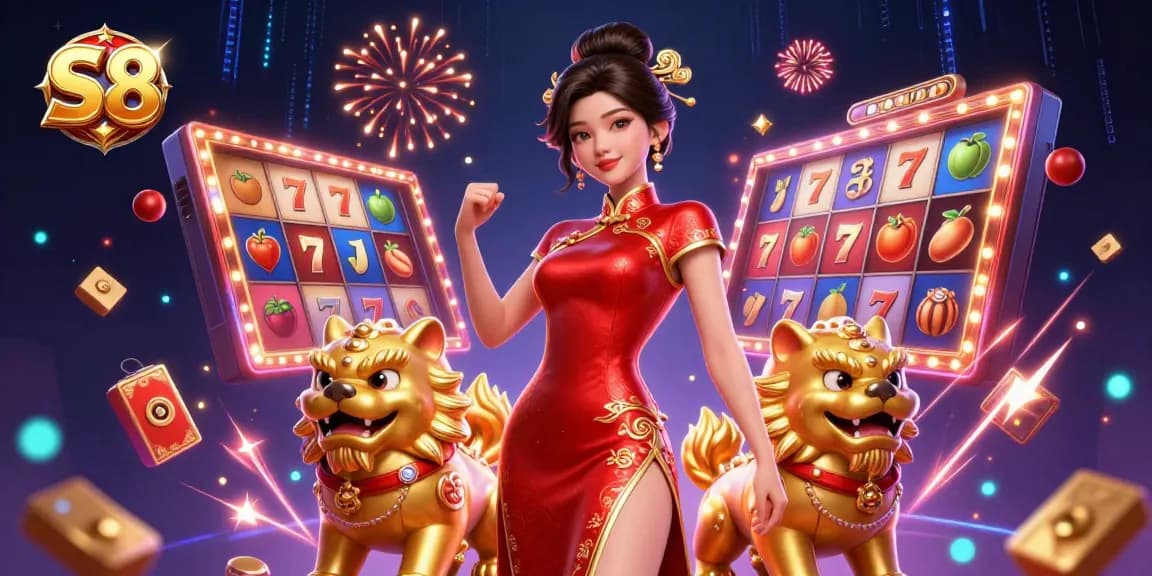 S8 slot game illustration featuring a glamorous Asian woman, lucky 7s, and spinning reels.