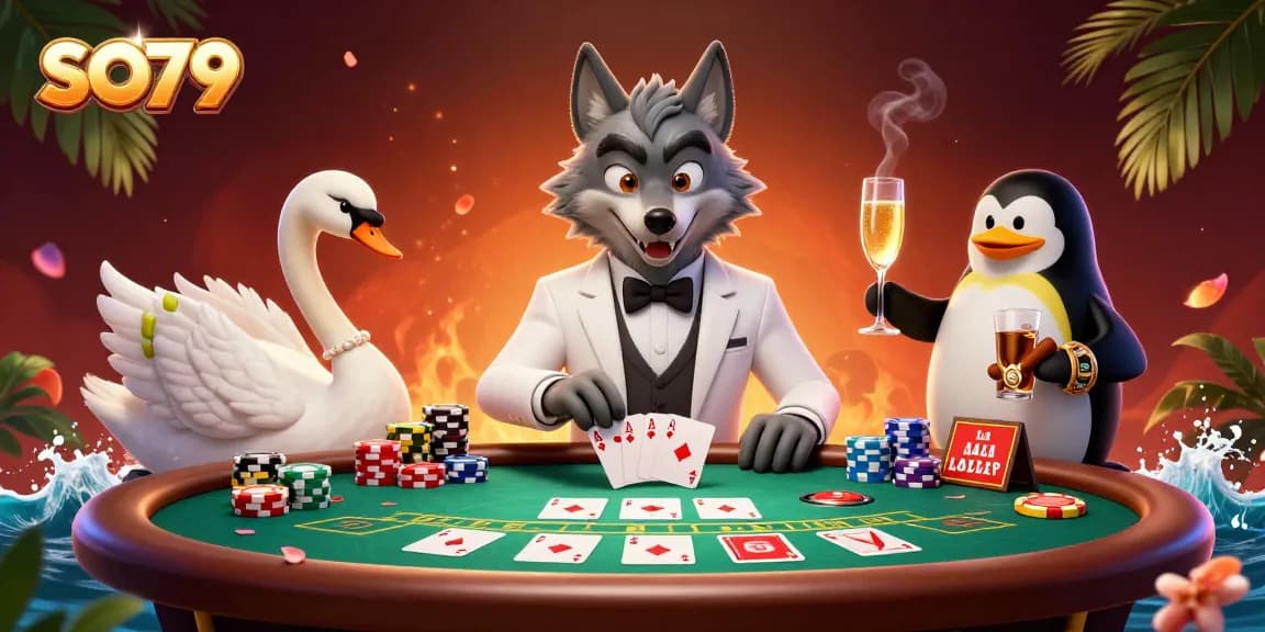SO79 casino scene showcases a wolf, swan, and penguin engaging in a lively baccarat game.