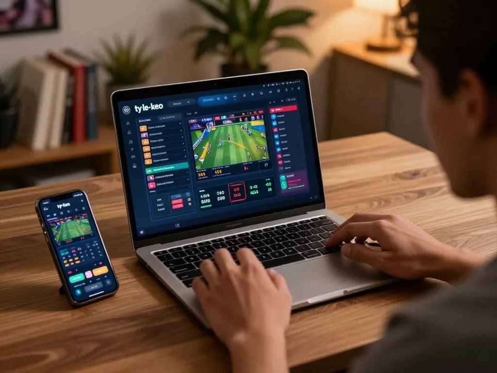 Engaging in strategic sports betting with ty-le-keo interface visible on a modern laptop at home.
